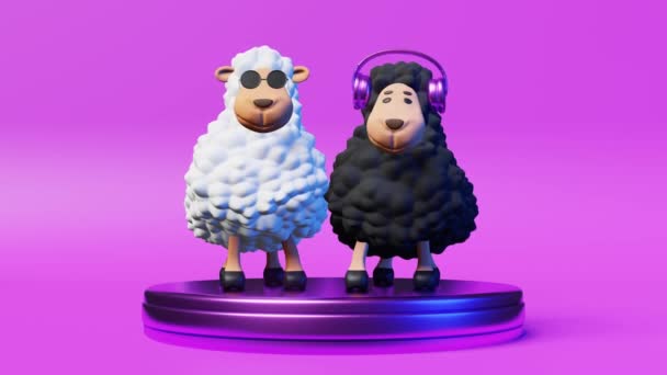 Two Cool Sheep Rhythmically Dance Playing Music Animation Loop Neon — kuvapankkivideo