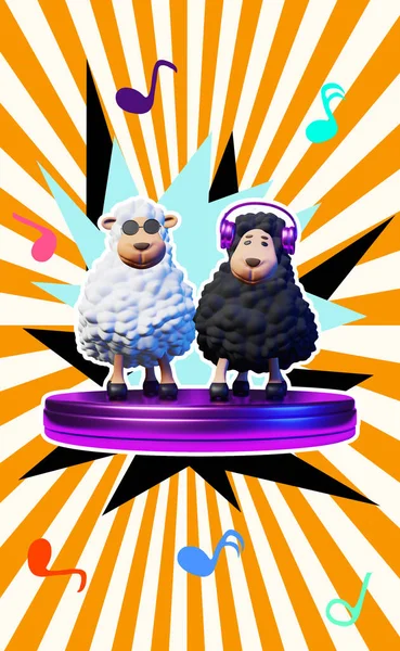 Dwóch Fajnych Przyjaciół Owiec Rytmicznie Tańczyć Odtwarzanie Muzyki Renderowania Neon — Zdjęcie stockowe