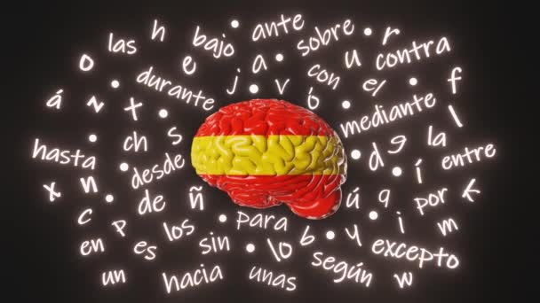 Spanish Learning Foreign Language Human Brain Spain Flag Color Letters — Stock Video
