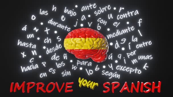 Spanisch Lernen Fremdsprache Menschliches Gehirn Spanien Flagge Farbe Buchstaben Artikel — Stockvideo