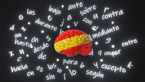 Espanhol Aprendizagem Língua Estrangeira Cérebro Humano Espanha Bandeira Cor Letras — Vídeo de Stock
