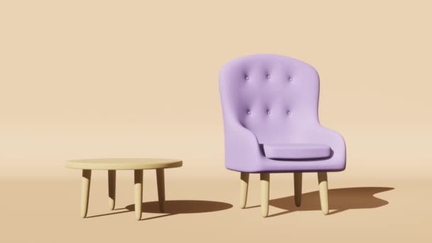 Miękki Fioletowy Fotel Stół Drewniane Nogi Pastelowy Beżowy Cień Tła — Wideo stockowe