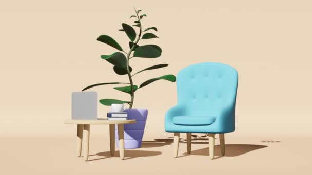 家具销售软扶手椅笔记本电脑咖啡杯书籍工厂贴背景3D动画 客厅沙发示范工作空间室内咖啡馆最小的风格 舒适的家庭大堂设计 买东西 — 图库视频影像