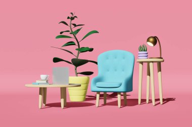 Çalışma alanı mobilya satışı Pembe oturma odası yumuşak koltuk koltuğu dizüstü bilgisayarı kahve fincanı kitap fabrikası 3D sunumu. Modern rahatlık kafeterya tarzı. Konforlu ev dekorasyonu lobi tasarımı Alışveriş