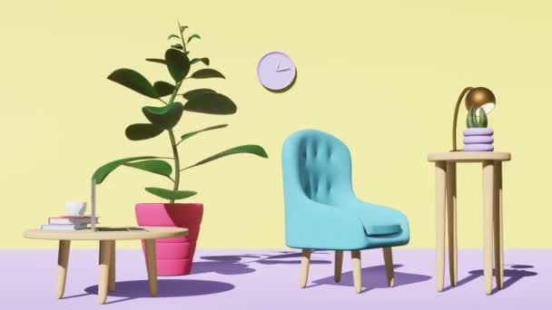 工作空间家具紫色黄色客厅旋转运动软椅桌子笔记本电脑咖啡机3D动画循环4K 现代舒适室内装潢简约舒适家居装饰大堂购物 — 图库视频影像