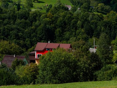 Karpat Dağları ormanlarındaki modern kırmızı ev, Ukrayna, Avrupa. Manzaralı yeşil çayır çayırı ağaçları güneşli bir gün Eko Yerel turizm yürüyüş yolları Cottagecore Zakarpattya bölge seyahatleri