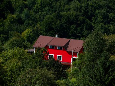 Karpat Dağları ormanlarındaki modern kırmızı ev, Ukrayna, Avrupa. Manzaralı yeşil çayır çayırı ağaçları güneşli bir gün Eko Yerel turizm yürüyüş yolları Cottagecore Zakarpattya bölge seyahatleri