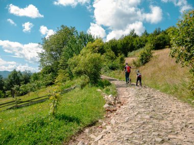 Zakarpattya köyü Karpat Dağları 'nda aile yürüyüşü Ukrayna Avrupa manzarası yeşil ladin ağaçlarını güneşli bir gün olan Eco Yerel Turizm' e yansıtır. Cottagecore 'da köpek gezdiren baba ve kız.