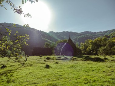 Karpat Dağları 'nın Ukrayna köyü Avrupa' da samanlığı olan eski otantik ahşap kır evi. Manzaralı yeşil çim elma ladin ağaçları. Çevre turizmi orman yollarında yürüyüş yapıyor. Cottagecore