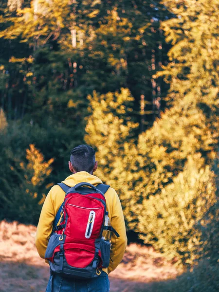 Milenial Hombre Senderismo Con Capucha Amarilla Mochila Roja Escalada Montañas —  Fotos de Stock