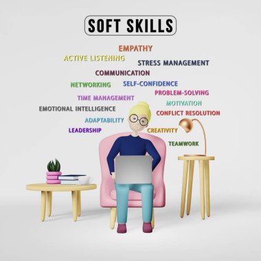 Soft Skills 3 boyutlu bilgi aktarımı. Genç kadın çalışan karakter Empati Ekibi Sorun Çözme Zaman Yönetimi Duygusal Zeka Ağı İletişim Uyumluluk Yaratıcılığı