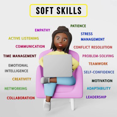Soft Skills 3 boyutlu bilgi aktarımı. Genç kadın çalışan karakter Empati Ekibi Sorun Çözme Zaman Yönetimi Duygusal Zeka Ağı İletişim Uyumluluk Yaratıcılığı