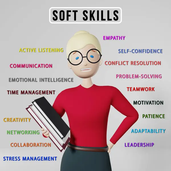 Soft Skills 3 boyutlu bilgi aktarımı. Genç kadın çalışan karakter Empati Ekibi Sorun Çözme Zaman Yönetimi Duygusal Zeka Ağı İletişim Uyumluluk Yaratıcılığı