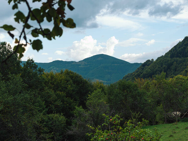 Village in Transcarpathia region scenic Carpathian mountains view Ukraine, Europe. Autumn countryside landscape Colorful fall trees sunny day. Eco Local tourism hiking Recreational activities Vacation