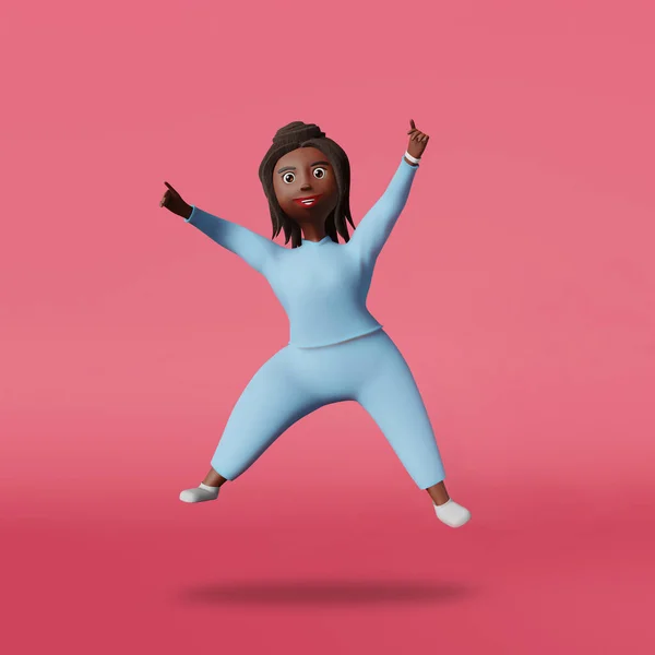 快乐的动机启发了非洲裔美国女性3D渲染角色 多种族精力充沛的黑人女孩在粉色背景下跳起来 创意个人成长发展解决方案 — 图库照片