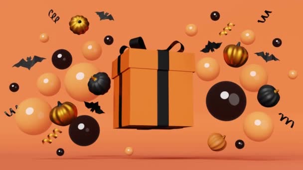 Halloween Sprzedaż Pumpkins Prezent Box Czarny Latające Nietoperze Pływające Pęcherzyki — Wideo stockowe
