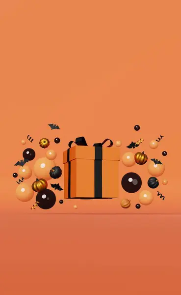 Halloween Verkauf Kürbisse Geschenkbox Schwarze Fliegende Fledermäuse Schwimmende Blasen Bänder — Stockfoto