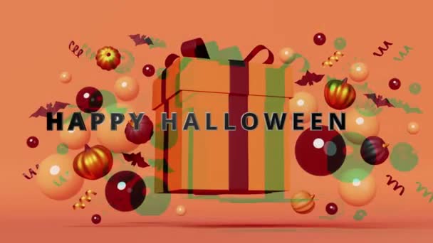 Happy Halloween Text Kürbisse Geschenkbox Schwarze Fliegende Fledermäuse Schwebende Blasen — Stockvideo