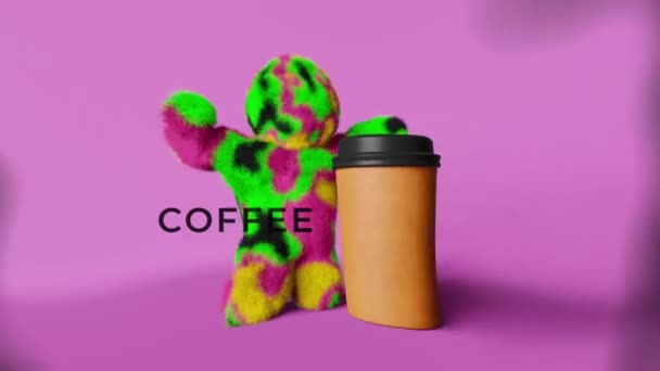 Cute Rainbow Yeti Muscles Coffee Cup Animation Motion Graphic Coffee — Stock Video