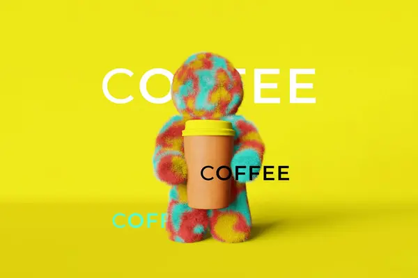 かわいい明るい虹イエティコーヒーカップ黄色の背景3Dレンダリング コーヒーショップ割引クリエイティブセールカラフルバナー ホットドリンクはソーシャルメディアのコンテンツを奪う 現代広告プロモーションデザイン — ストック写真