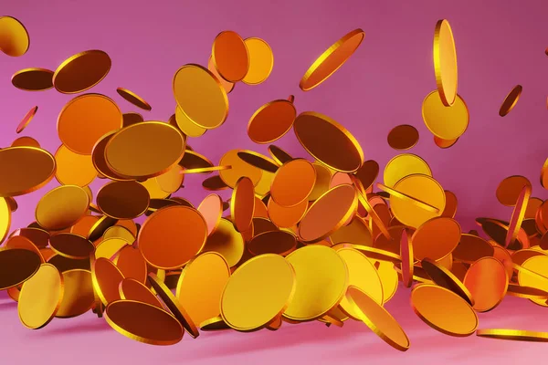 Falling golden coins on pink background 3D rendering. Money explosion financial growth Sale Jackpot casino poke. Metal currency. Wealth win fortune earnings success cashback bonus profitable business.