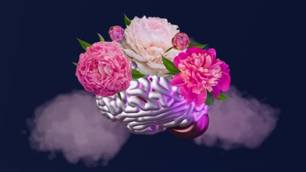 Cerebro Humano Con Peonía Flores Nubes Pensamientos Animación Creativa Moderna — Vídeos de Stock