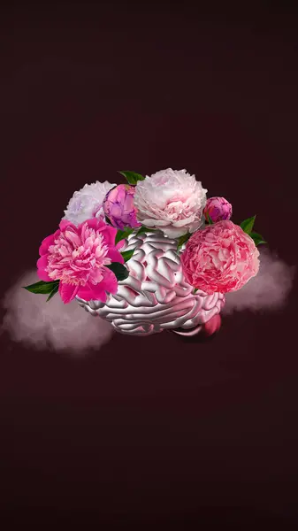 Blooming human brain peony flowers clouds thoughts creative art collage. Mental health Selfcare Psychology Mindfulness Love yourself Self acceptance Support Stress healing Personality Harmony Feelings