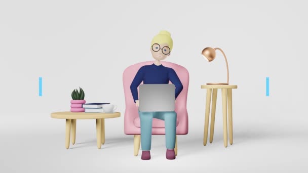 Lachende Vrouw Digitale Marketing Manager Animatie Lus Analyseert Data Ontwikkelt — Stockvideo