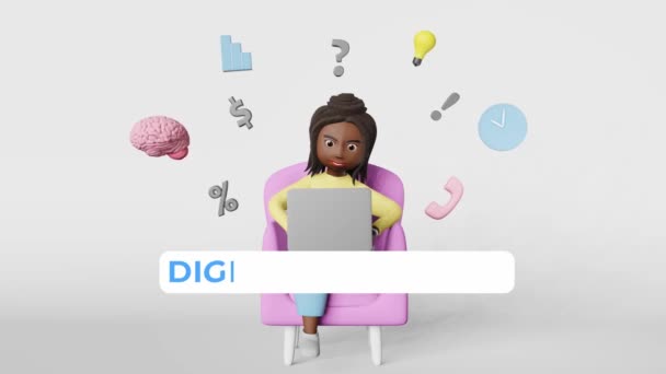 微笑的非裔美国女性数字营销经理3D动画分析数据开发预算作品在线社交媒体内容创作 市场调研策略及绩效分析 — 图库视频影像
