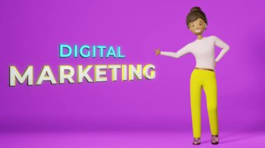 Mutlu Afrikalı Amerikalı kadın dijital pazarlama işaretinde 3D animasyon döngüsünü gösteriyor. Müdür verileri analiz eder, bütçe sosyal medya içeriği oluşturulmasını sağlar. Piyasa Araştırmaları Stratejisi Performans Analizi SEO