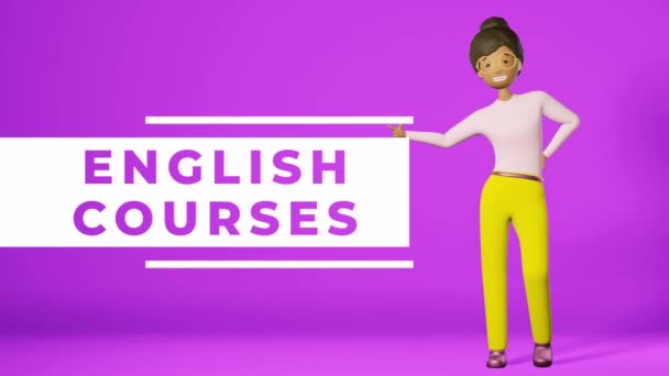 英语课程社交媒体动画循环 年轻的非洲裔美国教师在英语语言学习节目广告中得分 学习在线口语学校语法发音流利 — 图库视频影像