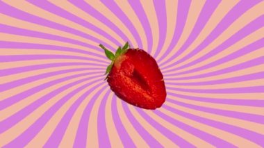 Çilekli, meyveli, günışığıyla dans eden DJ şarkısı arka plan gökkuşağı rengi soyut döngü 4K animasyonu. Retro stili renkli renkli hippi çizgi filmi yaz hareketi grafik geçiş çok renkli dalgalı çizgiler