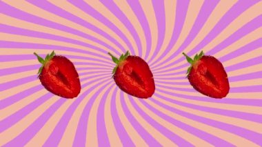 Çilekli, meyveli, günışığıyla dans eden DJ şarkısı arka plan gökkuşağı rengi soyut döngü 4K animasyonu. Retro stili renkli renkli hippi çizgi filmi yaz hareketi grafik geçiş çok renkli dalgalı çizgiler