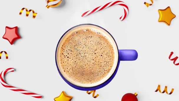 Vapor Xícara Café Natal Com Espuma Branco Fundo Ornamentos Doces — Vídeo de Stock