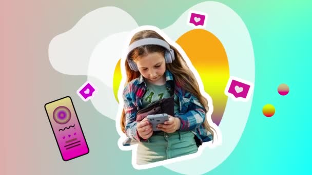 Słuchawki Dziewczyny Smartfony Social Media Reklamy Kreatywne Stop Motion Animacji — Wideo stockowe