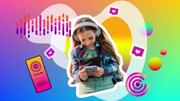 女孩耳机智能手机社交媒体广告创意停止动作动画 孩子们听音乐应用程序歌曲播放列表渐变的颜色如按钮用户参与现代时髦的都市风格图形 — 图库视频影像