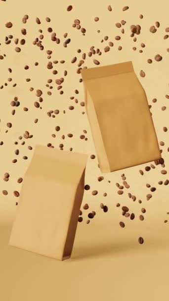 棕色纸袋悬浮咖啡豆3D动画垂直4K米色设计 浮动商品包装标识产品 空白工艺产品包装模板商店交货折扣营销 — 图库视频影像