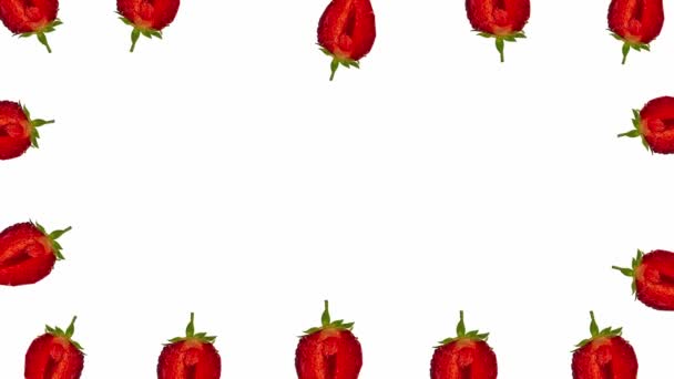 甜草莓框圈4K停止动作动画 夏天的音乐歌曲红色浆果白色背景覆盖着色键视频转换美味多汁水果有趣的正面动作图形 — 图库视频影像
