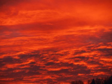 Turuncu gökyüzü ve bulutlarla dağlarda gün batımı. Kış Karpatları bulutlu manzaraya bakıyor. Avrupa, Ukrayna 'nın Transcarpathia kentindeki Karpatlar' daki Çam köknar ağacı ormanı Manzarası Köyü
