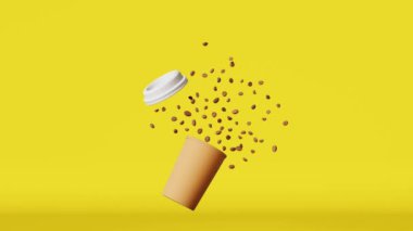 Kahve patlaması 3D animasyon kağıt kahve bardağı kapağı uçan fasulye sarısı 4K.Kahve sıcak içecek satışını yükselten ürün tasarımı yavaş çekim sosyal medya reklamları uçan latte markası
