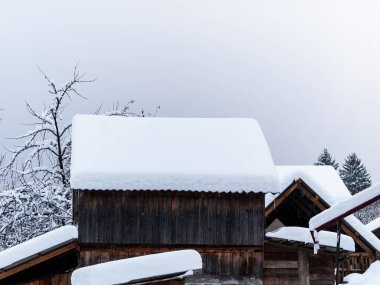 Karla kaplı ahşap ahır. Transcarpathia Ukrayna 'daki köy, Avrupa. Kış Karpat Dağları manzaralı manzaraya sahiptir. Karpatlar 'da soğuk sisli kar tatili.