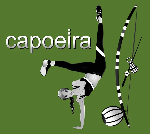Chica Movimiento Capoeira Berimbau — Vector de stock