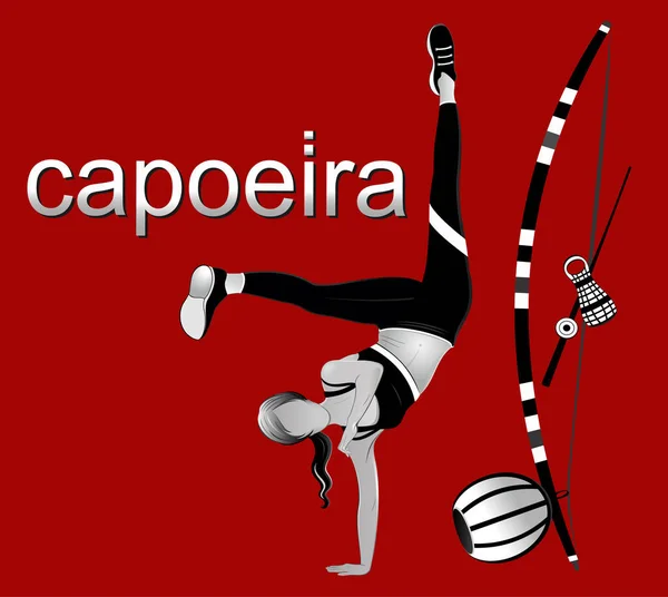 Ragazza Movimento Capoeira Berimbau Caxixi — Vettoriale Stock