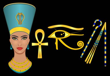 Nefertiti, Horus gözü, Ankh, Crook ve Flail.