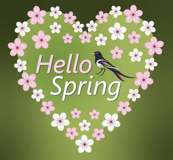 Kiraz çiçekli kalp ve kuş.