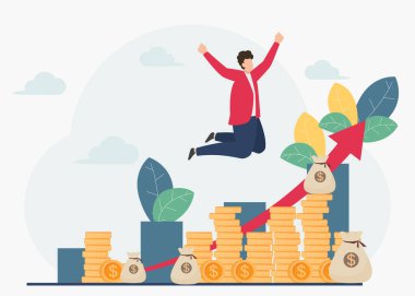 Büyüyen grafikle altın sikkelerin önüne atlayan mutlu işadamı. Çizgi film işadamı ya da bankacı gelir artışını kutluyor. Mal varlığı yönetimi ve finansal danışmanlık kavramı. Vektör illüstrasyonu.