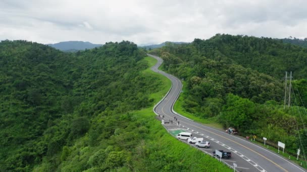 Aerial View Drone Fly Winding Road Rainy Season Tropical Rainforest — Stock Video