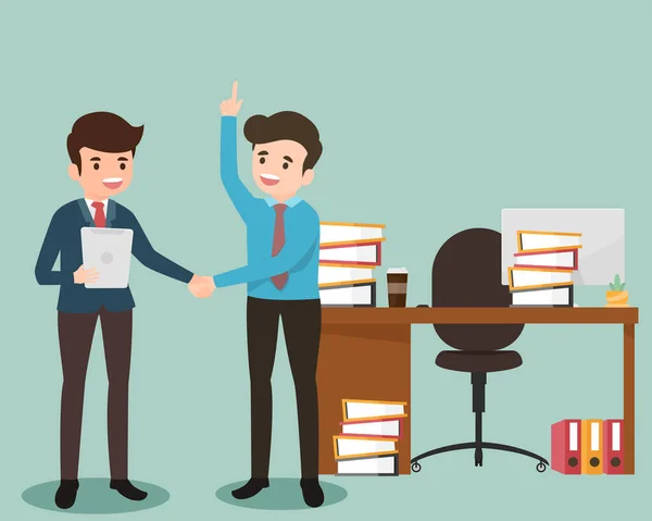Two Business Man Shake Hands Get Acquainted Greeting Workplace Desk — Stockvektor