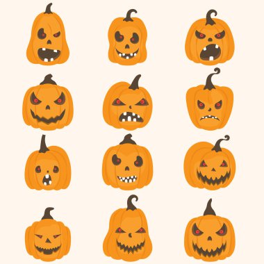 Cadılar bayramı balkabakları seti, komik yüzler. Sonbahar tatili. Düz stil vektör ürkütücü balkabakları. Vektör illüstrasyonu.