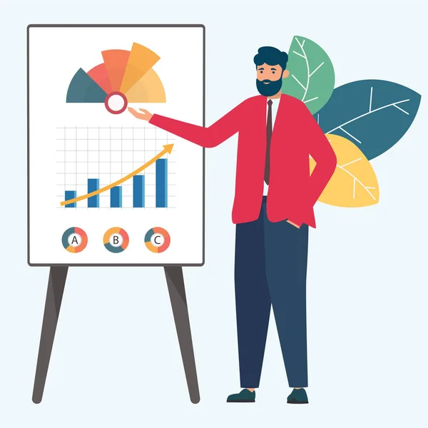 Podnikatel Prezentující Marketingové Údaje Prezentační Tabuli Vysvětlující Grafy Vektorová Ilustrace — Stockový vektor